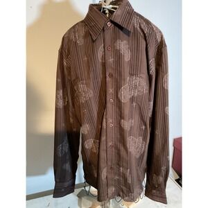 191 Unlimited Mens Brown Paisley Stripe Button Down Shirt Long Sleeve Cotton L